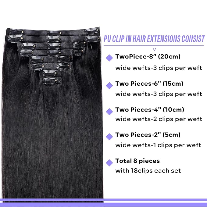 Seamless Clip in Hair Extensions Real Human Hair Straight Brazilian Virgin Human Hair Clip in Extensions for Women 8Pcs PU Clip in Remy Hair Skin Weft 18Clips 120g 26inch Natural Black