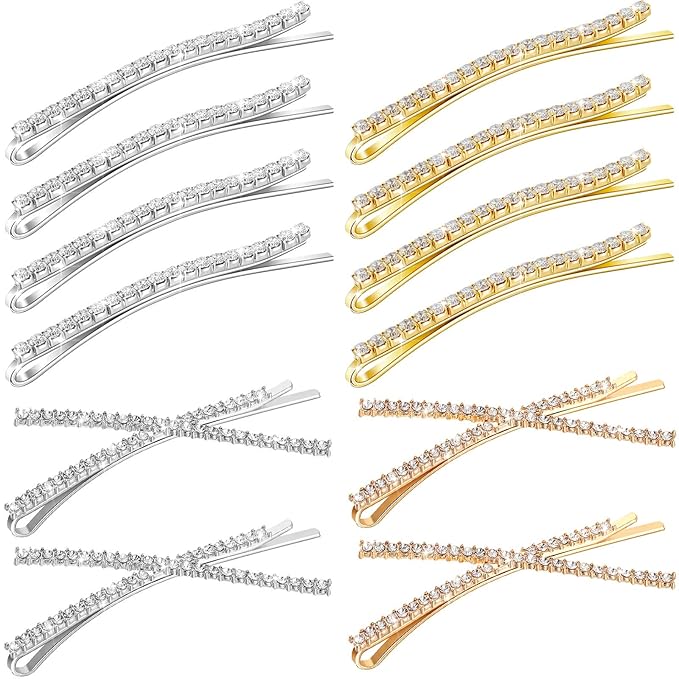 12 Pieces Rhinestone Bobby Pins Decorative Fancy Crystal Hair Clips Shiny Metal X Shaped Barrettes Bling Diamond Wedding Bridal Shower Hair Accessories for Women Ladies Girls (Gold, Silver)