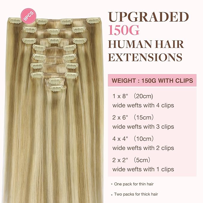 GOO GOO Clip in Hair Extensions Real Human Hair, Remy Human Hair Extensions Clip ins for Women, Natural Human Hair, 24inch 150g 9Pcs, #16/22 Light Blonde Highlighted Golden Blonde