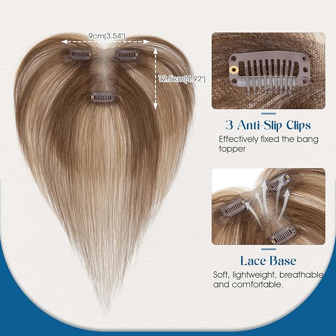 Hair Topper with Side Bangs Human Hair Curtain Bangs Topper for Women,3.54x4.92 T-part Lace Base Real Human Hair Topper Hair Piece for Daily Wear(Side Bangs,Medium Brown & Dark Blonde)