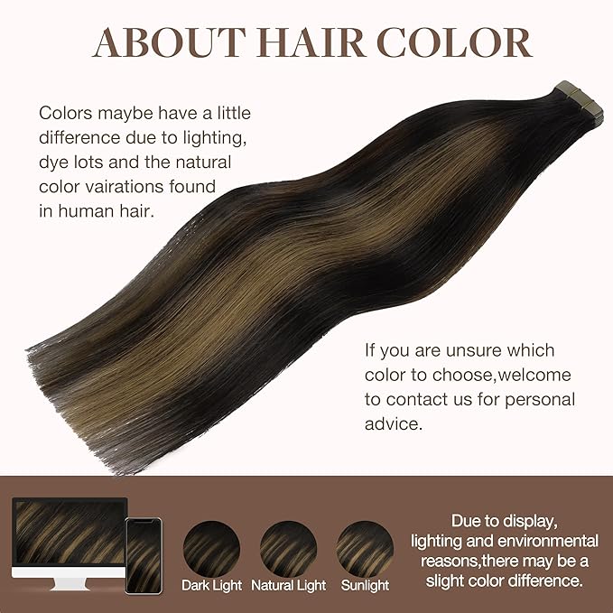 GOO GOO Tape in Hair Extensions Human Hair, 1B/6/1B Balayage Natural Black to Chestnut Brown, 18inch 50g 20pcs, Skin Weft Seamless Invisible, Silky Straight with Thick Ends, Remy Human Hair