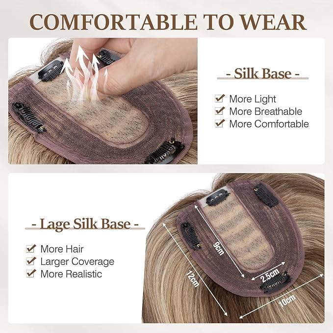 Rich Choices Hair Toppers for Women Real Human Hair 100% Human Remy Toppers NO Bangs with Thinning on Top Clip in Hairpiece 4"x4.7"Lace Base 12 Inch #4P27 Medium Brown Highlights Dark Blonde