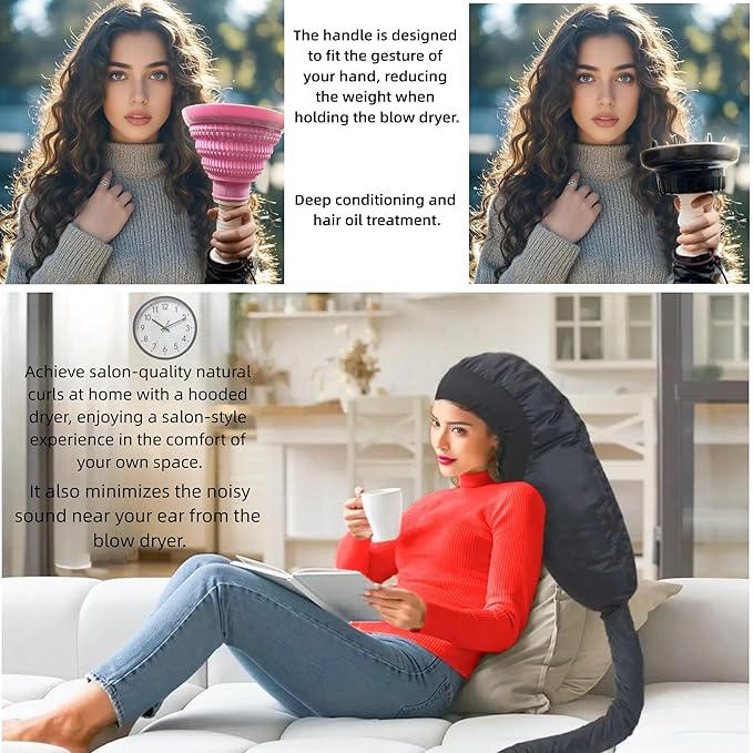 Hooded Hair Dryer for Curly Hair, Large Adjustable Blow Dryer Cap, Portable Hair Dryer Bonnet Attachment, Soft Diffuser for Fast Drying & Deep Conditioning, Headband Integrated Design (black)