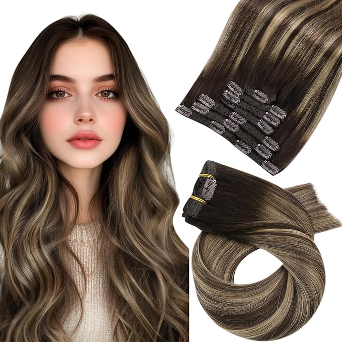 Moresoo Clip in Hair Extensions Balayage Brown Remy Human Hair Clip in Extensions Dark Brown Mixed with Caramel Blonde 7Pcs/120G 20inch
