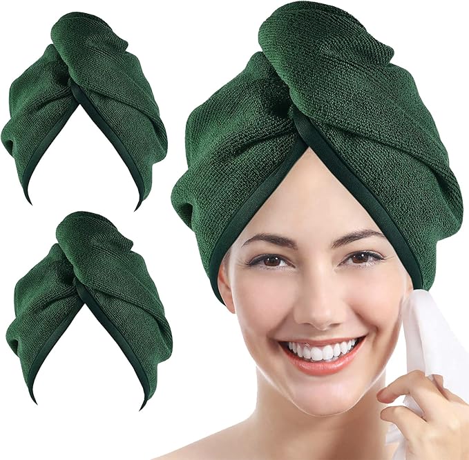 YoulerTex Microfiber Hair Towel Hair Wrap: 2 Pack 10X26 Hair Dryer Towels for Women Absorbent Turban Twist Hair Drying Shower Cap Curly Hair Products for Hair Care Hair Accessories (05 2-Pcs Emerald)