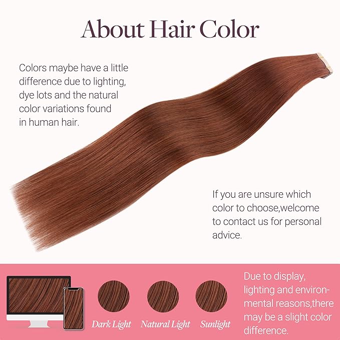 GOO GOO Tape in Hair Extensions Human Hair, #33B Dark Auburn Copper, 24inch 30g 10pcs, Skin Weft Seamless Invisible, Silky Straight with Thick Ends, Remy Human Hair