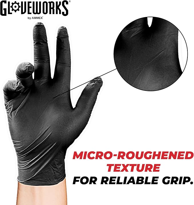 GLOVEWORKS Black Disposable Nitrile Industrial Gloves 5 Mil, Latex/Powder-Free, Food-Safe, Textured