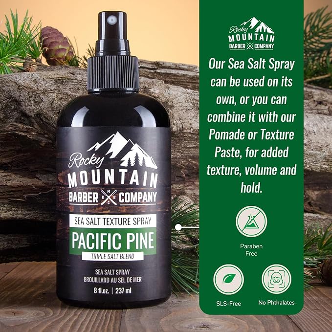 Rocky Mountain Barber Company Sea Salt Spray for Men - Adds Volume, Texture and Light Hold for All Hair Types - Triple Salt Blend - 8 oz