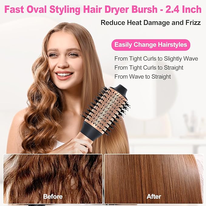 Air Styler Hair Dryer Brush - 110,000 RPM Flexible Hair Styler for Fast Drying/Rotating Curling/Volumizing/Straightening, Auto Wrap Curlers, High-Speed Oval Blow Brush Hair Dryer (Black-Brass)