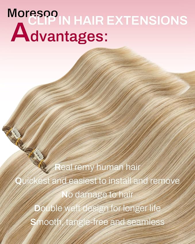 Moresoo Clip in Hair Extensions Brown with Blonde Highlights Clip in Extensions Real Human Hair Warm Yellow Brown with Light Blonde Full Head Long 120g/7pcs 20 inch