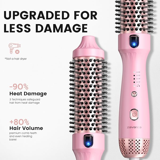 zavarea Thermal Brush, 1.5 Inch Heated Round Brush Stylers, 800M Negative Ions Ceramic for Less Frizz Damage, 4 Temperature Set, Dual Voltage for Travel, Easy Use Boosts Shine, Youthful Pink