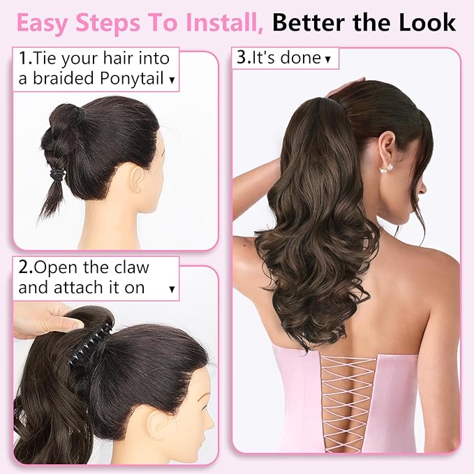 ALXNAN Claw Long Wavy Ponytail Extension,18 Inch Curly Pony Tail Clip in Hair Extensions for Women,Dark Chocolate Brown Clip on Pony Tails Hair Extensions