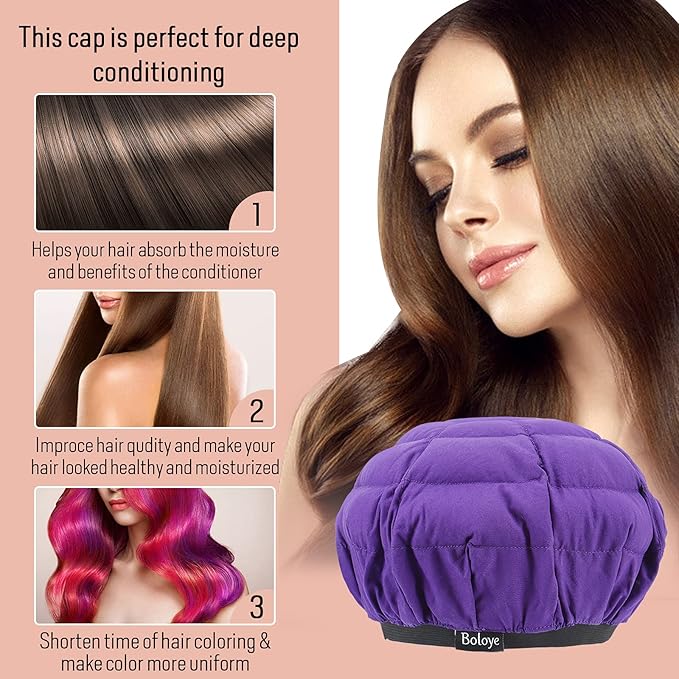 Flaxseed Deep Conditioning Heat Cap - Boloye Cordless 100% Safe Microwave Hot Cap for Natural Curly Textured Hair Care, Drying, Styling, Curling, Universal size (10 PCS One-time shower cap) (Purple)