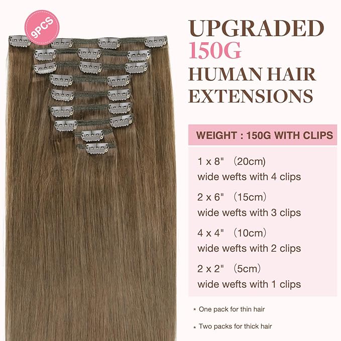 GOO GOO Clip in Hair Extensions Real Human Hair, Remy Human Hair Extensions Clip ins for Women, Natural Human Hair, 16inch 150g 9Pcs, 5 Light Ash Brown