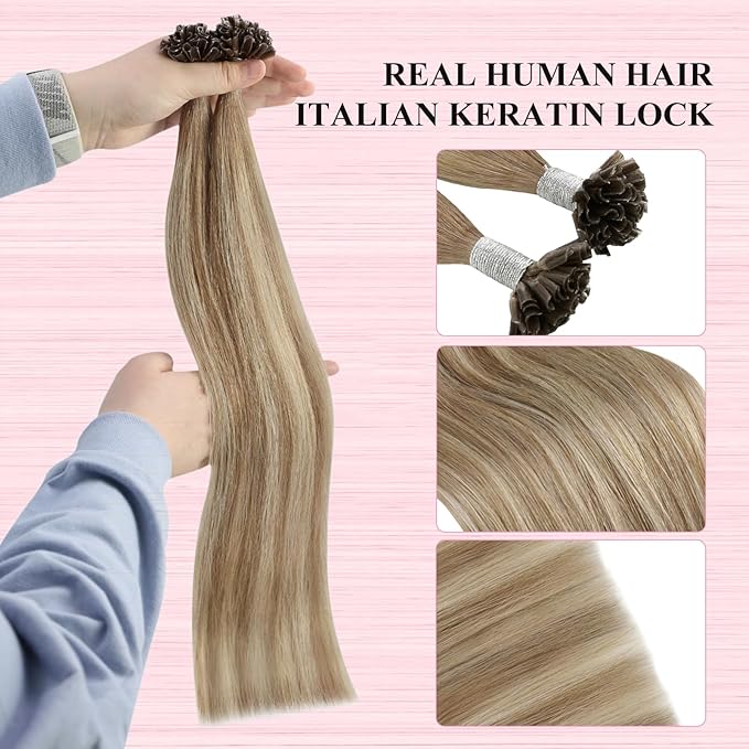 YoungSee Human Hair U Tip Hair Extensions Balayage Light Brown and Platinum Blonde Utips Remy Hair Extensions Balayage U Tips Keratin Hair Extension K Tips Human Hair Extension Ombre 1G/S 50G 20In