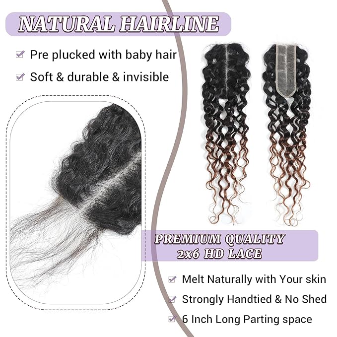T1B/2/30 Ombre 2x6 Water Wave Lace Closure 100% Real Human Hair 12 Inch Chestnut Brown Ombre Water Wave Transparent Lace Closure