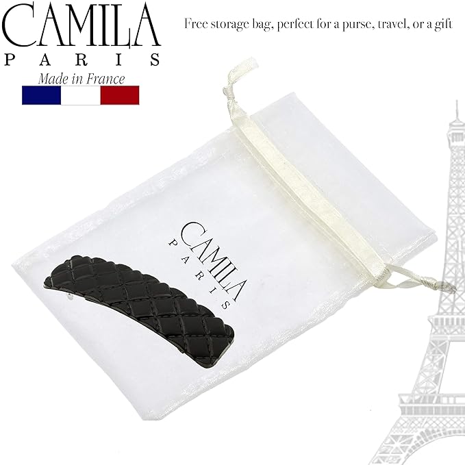 Camila Paris CP2650 French Hair Barrette Clip for Girls, Black, Rubberized Metal Closure Strong Hold Grip Hair Clips for Women, No Slip and Durable Styling Girls Hair Accessories, Made in France
