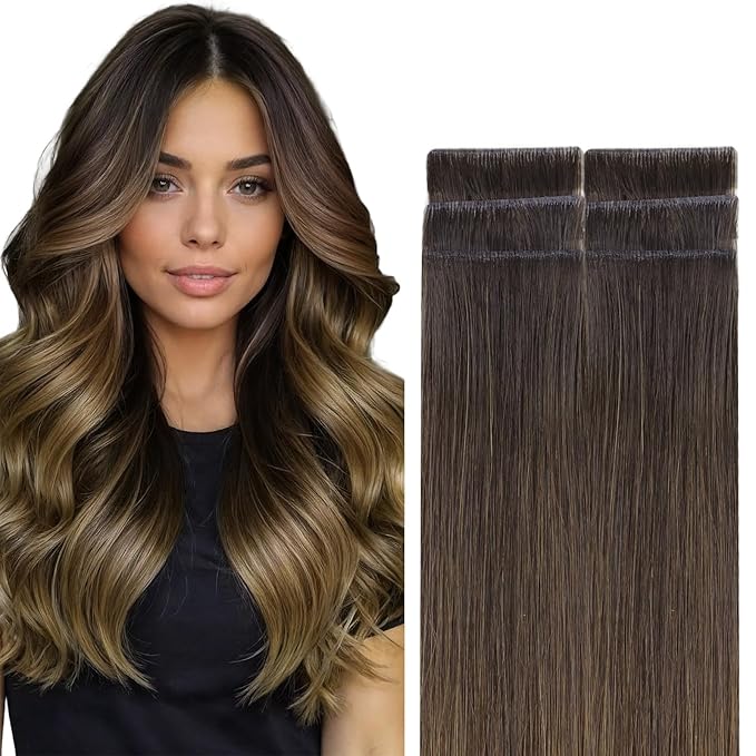 GOO GOO Invisi Edge Tape in Hair Extensions Human Hair, 1D/2C/4E Chocolate Dip Color Melt, 6pcs 20inch 18g, Virgin Remy Hair, Seamless Injected Tape, Natural Look