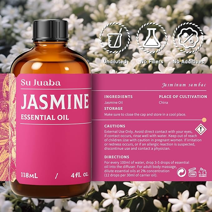 SU JUABA Jasmine Essential Oil 4 Oz, 100% Pure Natural Aromatherapy Oil for Diffuser, Skin Care, Hair & Perfume Making - 118ML