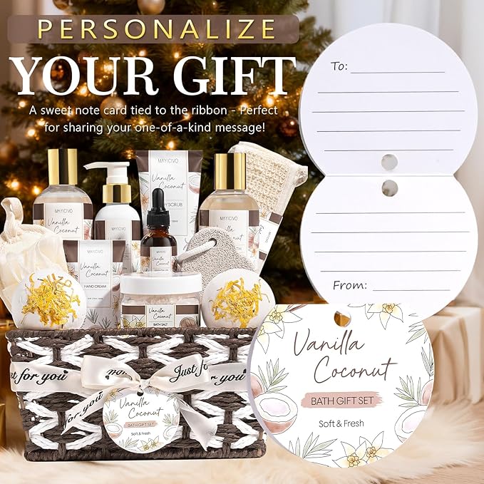 Christmas Birthday Gifts for Women, Vanilla Coconut Relaxing Spa Gift Baskets for Women Self Care Package Bath Gift Set, Home Bath and Body Kit Pampering Gifts for Womens Mom Her Friends Sister Wife
