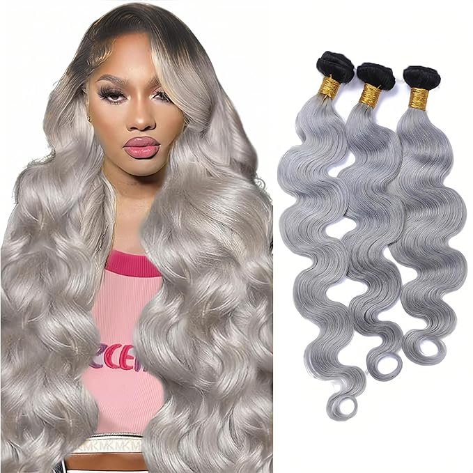 28 30 32 Inch Ombre Bundles Human Hair Grey Body Wave Bundle Brazilian Virgin Remy Hair Extensions Double Weft 2 Tone Black and Silver Body Wave Bundle Hair Weave 300g