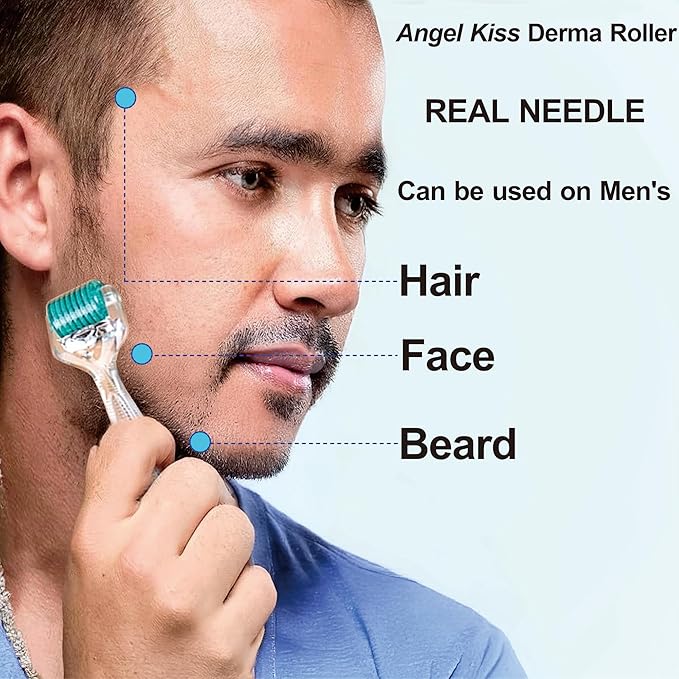 Derma Roller Real Needles - Angel Kiss 0.25mm Microneedling Roller with Case - 192 Stainless Steel Micro Needling Dermal Kit for Face, Scalp, Body - At Home Microdermabrasion Roller for Women Men