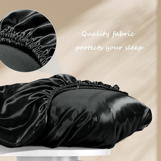 Manyshofu Satin Pillowcases for Hair Protection - 2Pcs Black Pillow Cases, Elastic Band Standard & Queen Satin Pillowcases Luxury Silky Pillow Cases Travel Pillow Covers