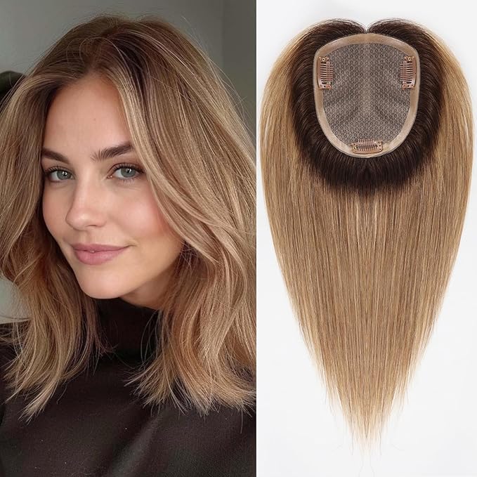 HAIRCUBE Hair Toppers 100% Real Human Hair,Ombre Ash Blonde, 5.5"*5"MONO Large Base, 56g Hand-moven Real Human HairToppers for Women with ThinningHair