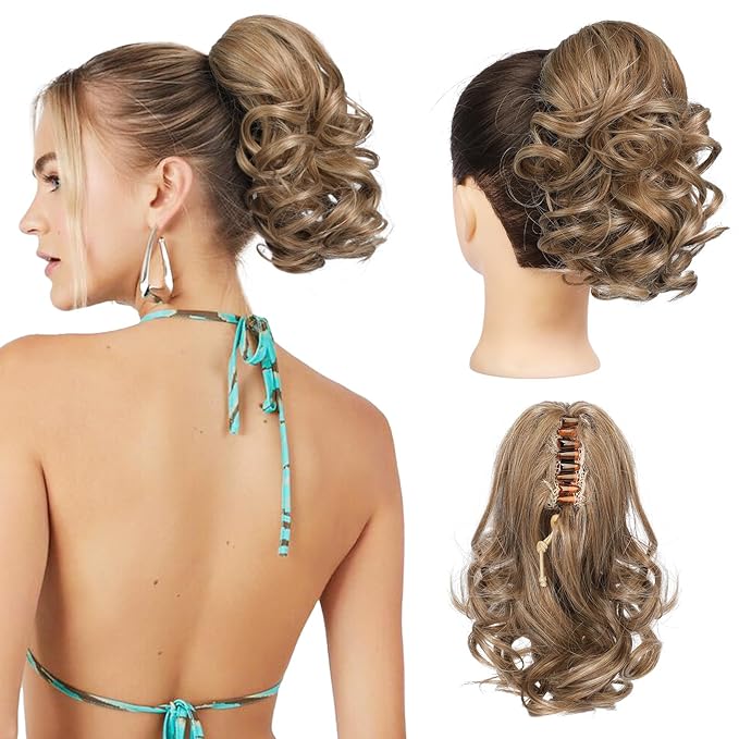 REECHO 9" Short Ponytail Extension, Classic Loose Curly Wavy Claw Clip Pony tails Hair Extensions HP001 Hairpieces for Women - Light Golden Brown