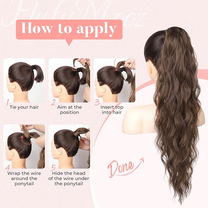 Flufymooz Ponytail Extension, Flexible Wrap Around Ponytail Extension Long Wavy Curly Ponytail Hair Extensions Natural pony tail Synthetic Hairpiece for Women 32 Inch (Light Brown)