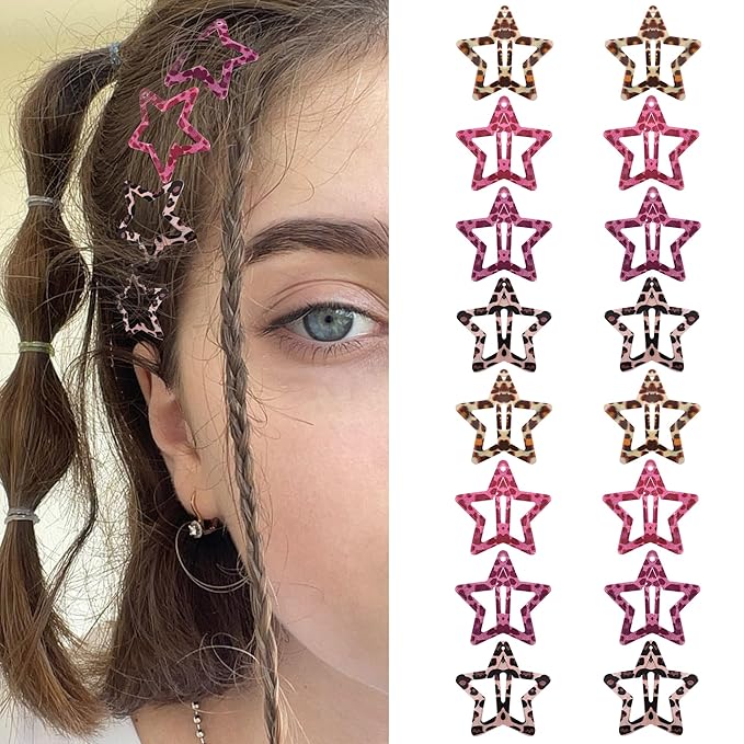Star Hair Clips Snap Hair Barrettes Non Slip Star Hair Accessories Leopard Colors Metal Hair Clips for Girls Women -16 PCS - Red