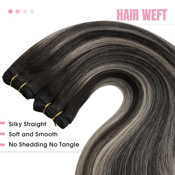 YoungSee Weft Hair Extensions Black Balayage Sew in Hair Extensions Real Human Hair Natural Black and Silver Balayage Human Hair Weft Extensions for Short Hair 70G 14Inch