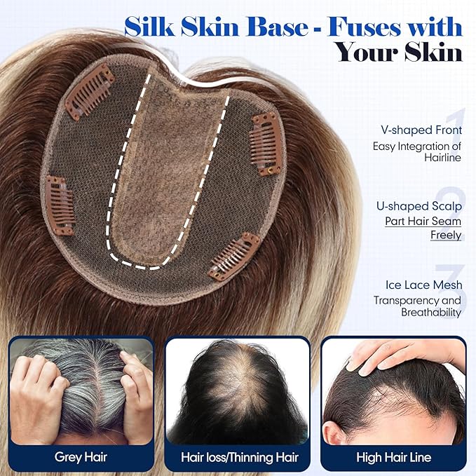 HAIRCUBE Hair Toppers For Women With Thinning 5"*5" Large Base Real Hair Toppers For Women, 14 Inch For Hand-Woven, 60g, Silk, Natural, realistic, Use Daily, Hairloss, Blonde Mixed Brown, No Bangs