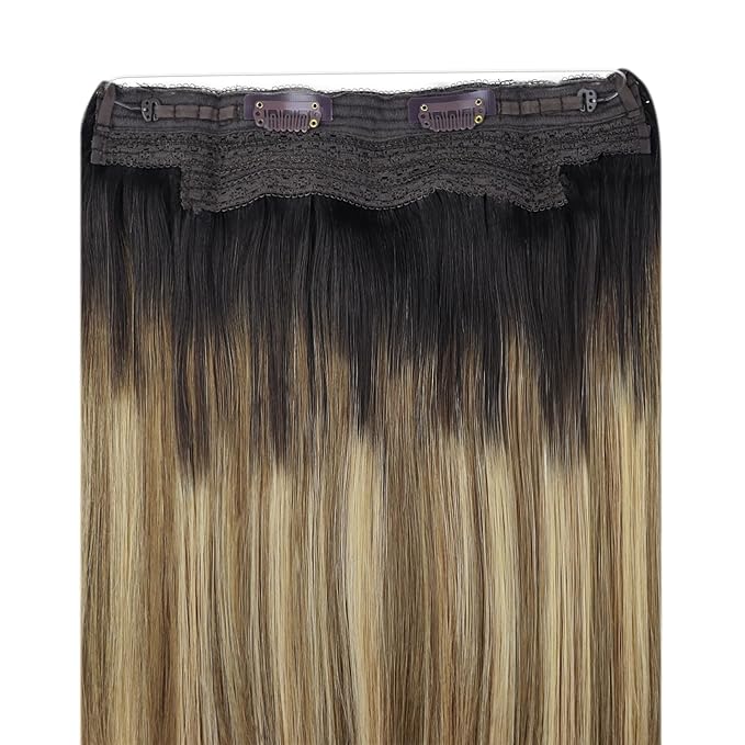 YoungSee Invisible Wire Hair Extensions Balayage Brown to Blonde Human Hair Extensions Wire Dark Roots to Medium Brown with Warm Blonde Highlights Fish Line Extension Hair for Women 20In 100G