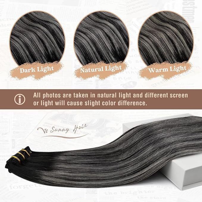 Ve Sunny Clip in Hair Extensions Real Human Hair Ombre Hair Clip in Extensions Ombre Black Roots to Grey Balayage Human Hair Extensions Clip ins Short Straight Remy Hair 80g 5pcs 12inch