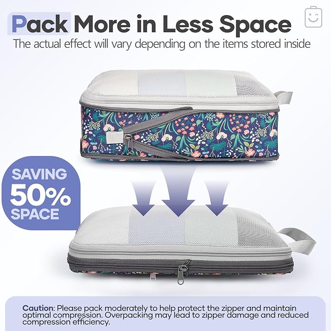 Veken 9/11 Set Compression Packing Cubes for Travel Essentials,Compressible Expandable Large Luggage Suitcase Organizer Bags for Clothing,Durable Space Saver Storage Bags(Dark Blue Floral)