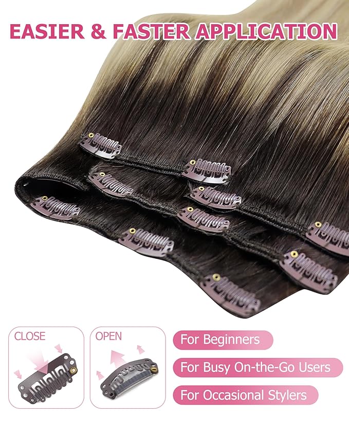 YoungSee Clip in Hair Extensions Human Hair Ombre Real Hair Extensions Clip in Human Hair Medium Brown Ombre Golden Mix Platinum Blonde Balayage Easy to Put on Clip in Hair Extension 7Pcs 24In 120G