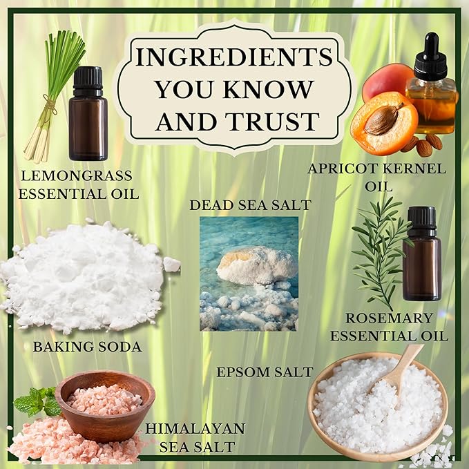 | 6 Lemongrass Rosemary Self Care Gifts for Women, Aromatherapy Epsom Salt Bath Soak, Lavender Soap, Bath Bombs, Bath Salts with Plant Based Loofa Dry Brushing Body Brush Gift