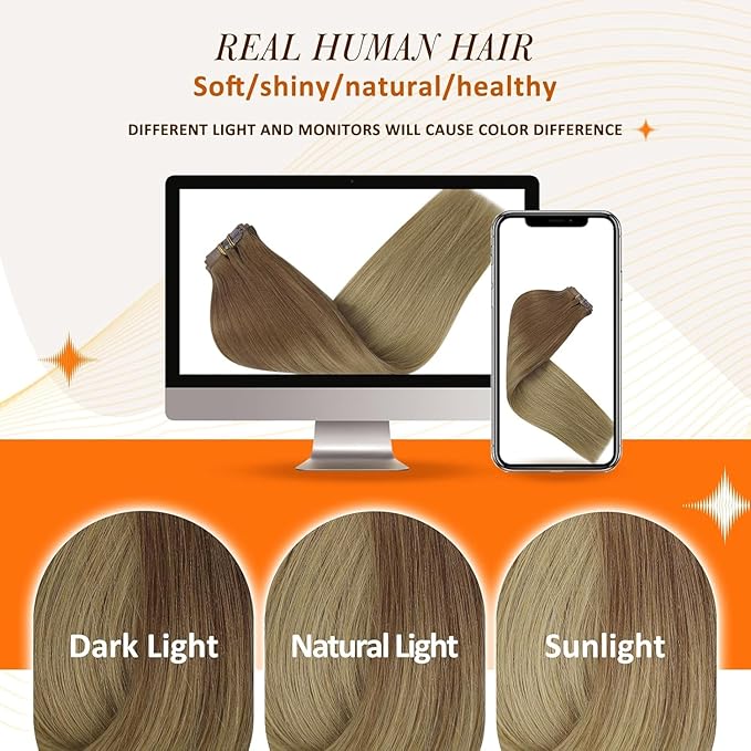 Full Shine Human Hair Clip in Extensions 16 Inch Clip in Hair Extensions Light Brown to Ash Blonde Real Hair Ombre Seamless Hair Extension with PU Skin Weft Softness 8 PCS 120 G