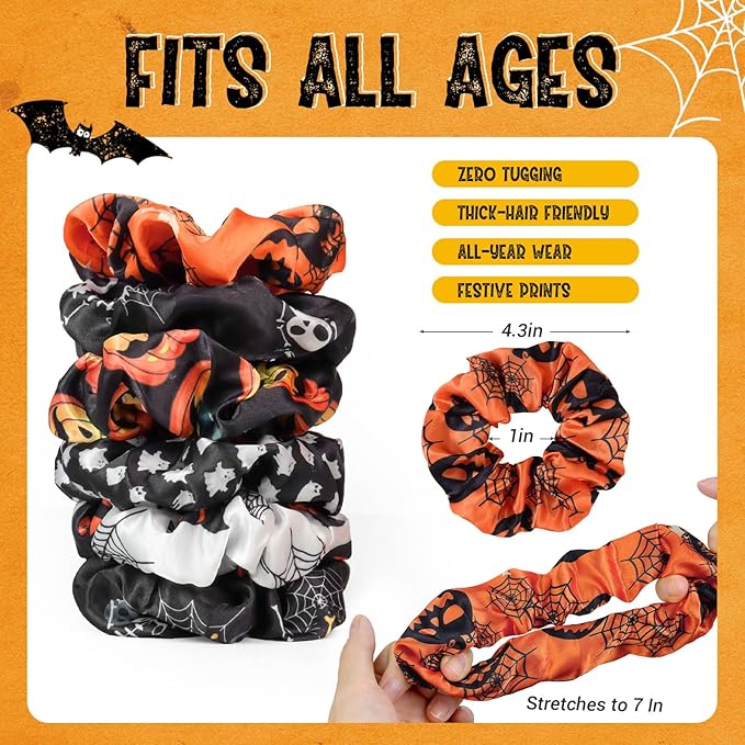 12PCS Halloween Scrunchies Soft Boo Basket Spooky Skeleton Bats Orange Fall Pumpkin Gifts Hair Ties Big Scrunchy Elastics Hair Bands Ponytail Holder Cute Halloween Accessories for Women Girls