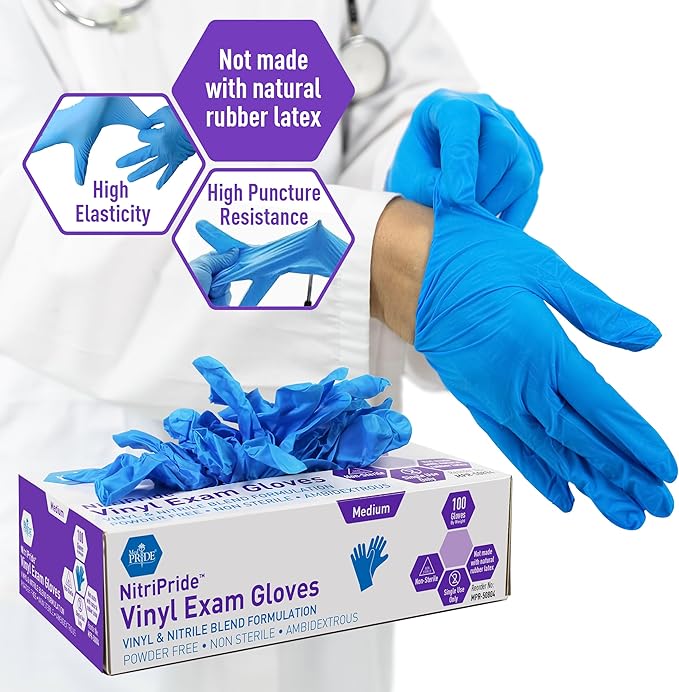 MED PRIDE Disposable Powder Free Non Latex Single Use Medical Exam Gloves, Nitrile Vinyl Blend for Cleaning and Food Handling