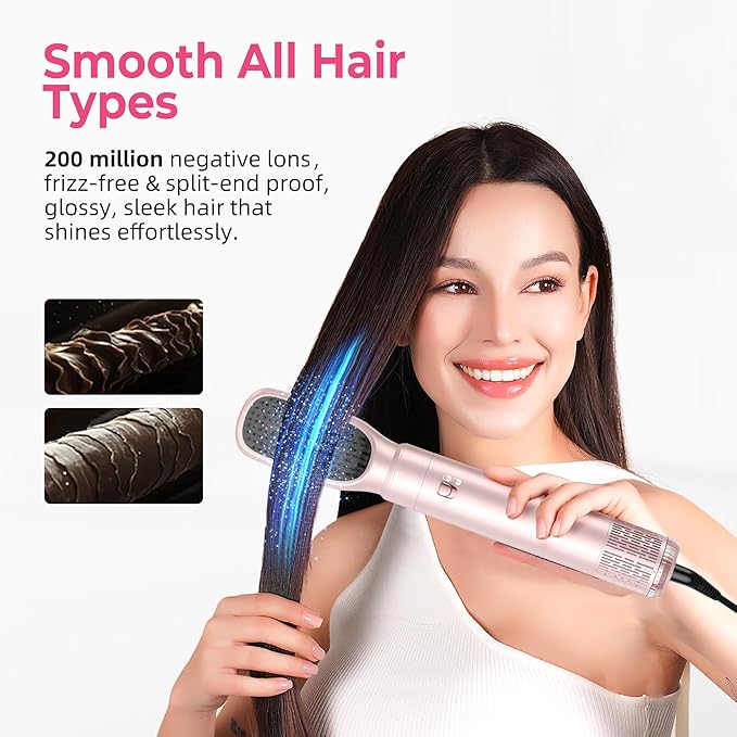 6 in 1 Hair Dryer Brush, Detachable Air Styler, 3 Heat Settings Blow Dryer Brush Frizz-Free Volumizing, Straightening, Curling ALCI Safety Plug for Travel & Home Styling (Pink-A)