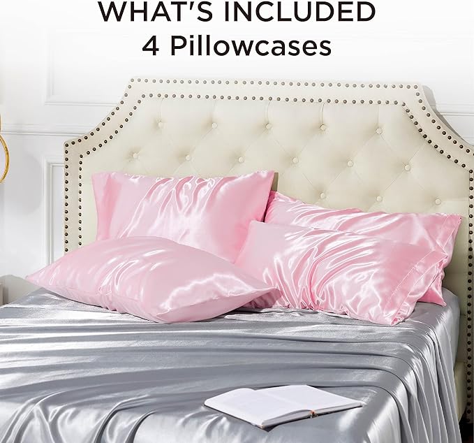 Bedsure King Size Satin Pillowcase Set of 4 - Pink Silky Pillow Cases for Hair and Skin, 20x36 Inches, Pillow Covers with Envelope Closure, Similar to Silk, Gifts for Women & Men