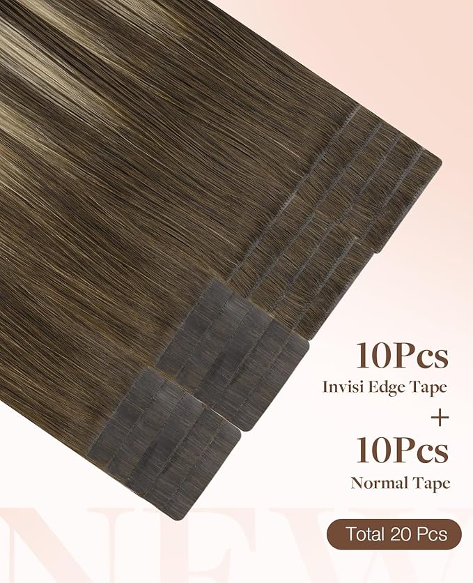 GOO GOO Invisi Edge Tape in Hair Extensions Human Hair, 4/26/4 Balayage Chocolate Brown to Honey Blonde 10pcs injected with 10pcs classical tape ins, 22inch 50g, Virgin Remy Hair, Natural Look