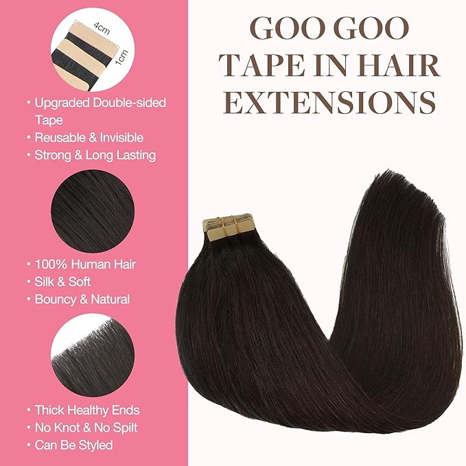 GOO GOO Tape in Hair Extensions Human Hair, 2 Dark Brown, 16inch 25g 10pcs, Skin Weft Seamless Invisible, Silky Straight with Thick Ends, Remy Human Hair