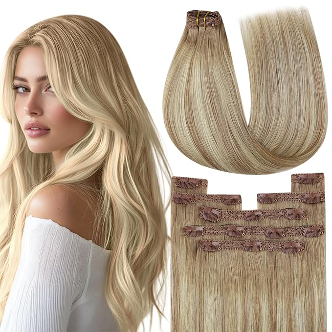 YoungSee 135g Clip in Human Hair Extensions Blonde Balayage Human Hair Clip in Extensions Golden Brown Mix Blonde Balayage Clips on Hair Extensions for Woman 16inch