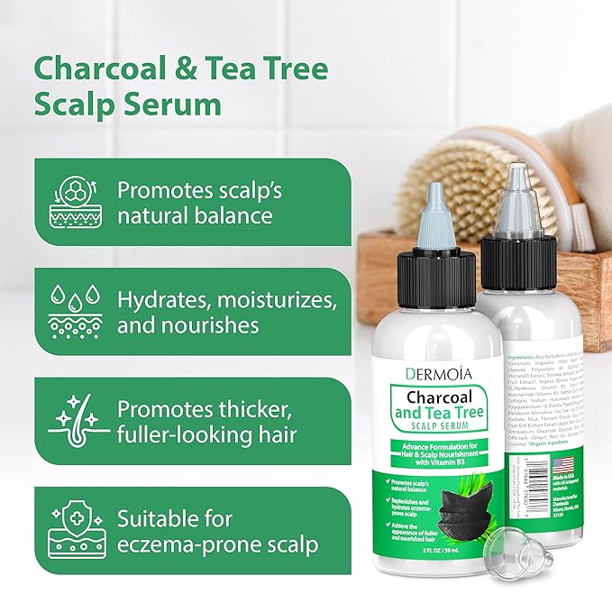 Scalp Serum with Charcoal + Tea Tree - Non GMO Scalp Moisturizer for Dry Itchy Scalp Relief - Fragrance Free Serum with Tea Tree Oil for Scalp Treatment - Rejuvenating Hair Serum with Vitamin