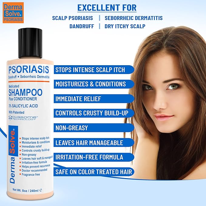 DermaSolve Scalp Psoriasis & Dandruff free Medicated Shampoo with Conditioner, Ultimate Seborrheic Dermatitis Treatment for Itchy, Flakey Scalp, Soothing & Moisturizing Relief