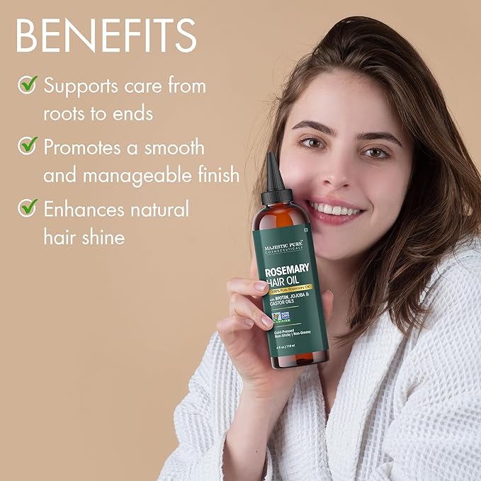 Majestic Pure 100% Pure Rosemary Oil for Hair Growth - Strengthening, Nourishing, Volumizing - Infused with Biotin Oil, Jojoba Oil & Castor Oil - Non GMO Verified - 4 Fl Oz - With Applicator