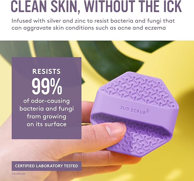 Sud Scrub® Antimicrobial Silicone Face Scrubber, 1 Pack, Gentle Face Exfoliator for Sensitive Skin, Eco Friendly Facial Cleansing Brush, Exfoliating Face Brush for Men and Women (Purple)